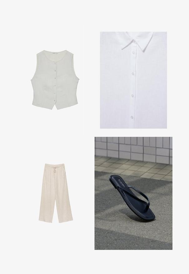 Haut sans manches gris clair avec un col rond, doté d'une fermeture à boutons à l'avant et d'une coupe ajustée. Fabriqué dans un tissu lisse, il possède des poches latérales discrètes.; Chemise blanche boutonnée avec un col classique, montrant cinq boutons visibles à l’avant sur un tissu uni.; Pantalons larges en lin beige, avec une taille à cordon, deux poches latérales et un tissu légèrement texturé pour une meilleure respiration et un confort optimal.; Sandale tongs en cuir noir avec des lanières fines reposant sur un trottoir gris près d'un mur carrelé, avec la marque "S. MAMMI" inscrite sur la semelle intérieure.