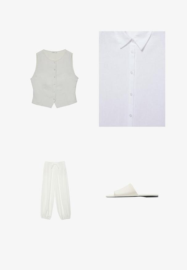 Haut sans manches gris clair avec un col rond, doté d'une fermeture à boutons à l'avant et d'une coupe ajustée. Fabriqué dans un tissu lisse, il possède des poches latérales discrètes.; Chemise blanche boutonnée avec un col classique, montrant cinq boutons visibles à l’avant sur un tissu uni.; Pantalon blanc ample avec taille élastique, cordon de serrage et poignets élastiqués froncés aux chevilles.; Sandale blanche à enfiler avec une large bride unique et une semelle plate, vue de côté sur fond blanc.