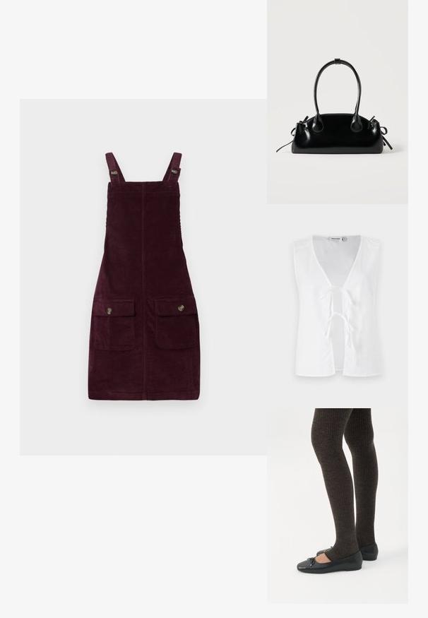 Haut sans manches blanc avec un décolleté en V profond, ouverture frontale maintenue par des liens. Texture lisse avec un design minimaliste, sans motifs ni embellissements.; Robe en velours côtelé de couleur bourgogne profond, avec des bretelles ajustables, des poches avant avec quincaillerie en métal et une coupe ajustée. Tissu texturé.; Jambes portant des leggings côtelés foncés associés à des ballerines noires avec de petits détails en nœud sur fond blanc.; Petit sac à main noir brillant avec deux longues anses et des détails à cordon sur les côtés sur un fond clair uni.