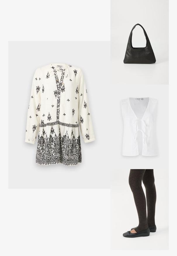 Haut sans manches blanc avec un décolleté en V profond, ouverture frontale maintenue par des liens. Texture lisse avec un design minimaliste, sans motifs ni embellissements.; Tunique blanche à manches longues avec des motifs floraux et géométriques noirs complexes, col à nouer, et une bordure à motifs à l'ourlet et à la taille.; Jambes portant des leggings côtelés foncés associés à des ballerines noires avec de petits détails en nœud sur fond blanc.; Sac à main en cuir noir de forme triangulaire, avec une grande poignée découpée et des coutures détaillées le long des bords. Texture lisse.