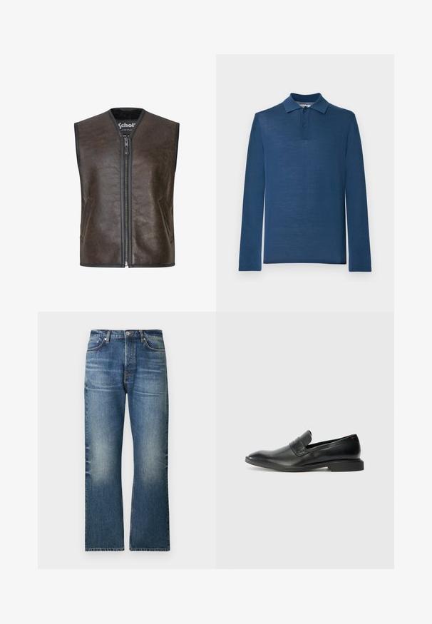 Samsøe Samsøe Veste sans manches - dark brown crackled; Polo à manches longues bleu marine en tissu doux, avec un col classique, une patte de boutonnage à deux boutons et une texture lisse.; Jeans en denim bleu clair avec une coupe droite, présentant des zones délavées, cinq poches et une fermeture classique par bouton à la taille.; Mocassins en cuir noir avec une texture lisse, un nez pointu et un petit talon rectangulaire. Présente un détail de bande horizontale sur le dessus.