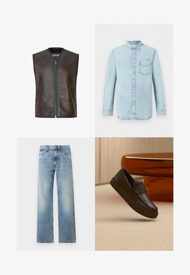 Samsøe Samsøe Veste sans manches - dark brown crackled; Chemise en denim bleu clair à manches longues, fermeture boutonnée devant, une poche poitrine simple avec le logo Calvin Klein, et un col pointu.; Jean droit en denim bleu clair avec taille haute, cinq poches, fermeture à boutons et léger délavage sur les cuisses et les genoux.; Une chaussure mocassin en cuir marron foncé flottant au-dessus d'un tapis crème avec une table ronde orange en arrière-plan.