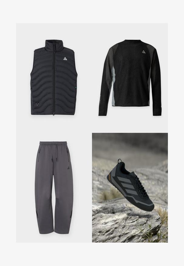 Μαύρο γιλέκο χωρίς μανίκια με καπιτονέ ύφασμα, φερμουάρ μπροστά, ψηλό γιακά και μικρό τριγωνικό λογότυπο στο αριστερό στήθος.; Μαύρο αθλητικό τοπ με μακριά μανίκια και υφασμάτινη υφή, στρογγυλή λαιμόκοψη, γκρι πλαϊνά πάνελ και μικρό τριγωνικό λογότυπο στο στήθος.; Σκούρο γκρι αθλητικό παντελόνι με φαρδιά πόδια, ελαστική μέση, κορδόνια, πλαϊνές τσέπες με φερμουάρ και διακριτικό λογότυπο στη αριστερή μηρό.; Μαύρο αθλητικό παπούτσι με γκρι λεπτομέρειες, υλικό με υφή, σύστημα κορδονιών, εμφανές λογότυπο και ανθεκτική σόλα, απεικονίζεται στον αέρα πάνω από βράχους.