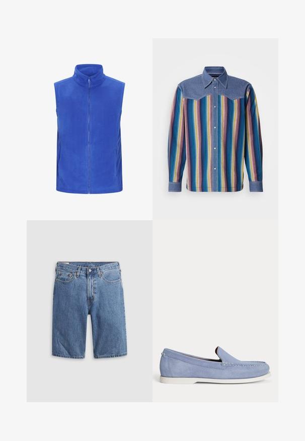 Chaleco de forro polar azul con cuello alto, cremallera frontal y sin mangas. Textura suave con bolsillos laterales, material ligero.; Camisa de botones con un yugo de mezclilla azul, que presenta rayas verticales en azul, púrpura, amarillo y rojo. Mangas largas con puños abotonados.; Pantalones cortos de mezclilla azul con botón delantero y cremallera, trabillas para cinturón y diseño de cinco bolsillos sobre un fondo gris claro.; Mocasín de ante azul claro con suela blanca, detalles cosidos y estilo sin cordones mostrado de lado sobre un fondo liso.