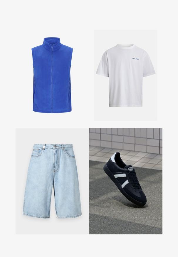 Blå fleece vest med høj krave, frontlynlås og uden ærmer. Glat tekstur med sidelommer og letvægtsmateriale.; Hvid kortærmet t-shirt i bomuld med lille blåt "OUT of Office" tekst på venstre bryst, vist på en ensfarvet baggrund.; Lys blå denimshorts med løs pasform, der har to forlommer, lynlås og synlige stikninger.; Sort lædersneaker med hvide striber, tekstureret gummisål og snørrebånd foran. Har et brandet mærke på tungen.