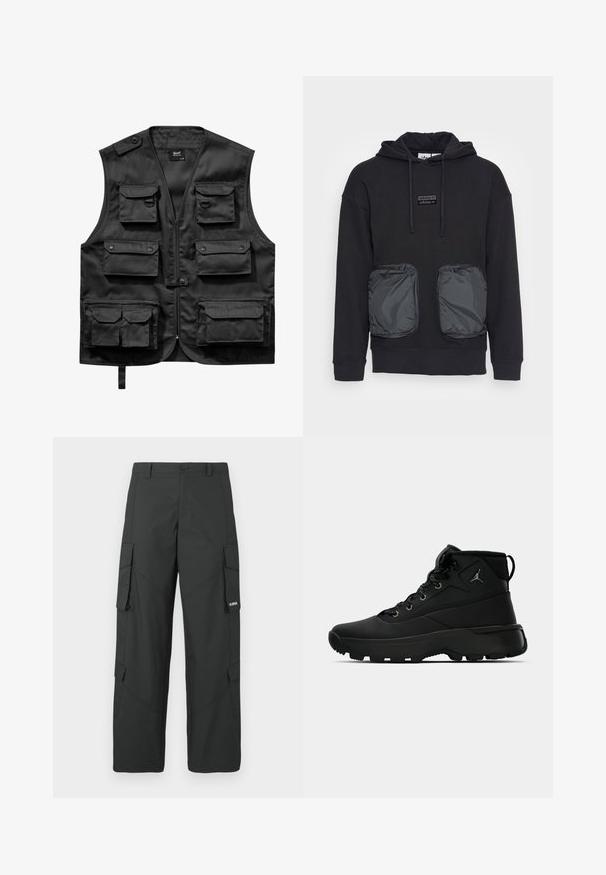 Gilet noir en tissu léger, doté de six poches frontales, d'une fermeture éclair à l'avant et d'une fermeture à bouton sur l'épaule gauche.; Sweat à capuche noir à coupe décontractée, avec deux grandes poches zippées en matériau brillant à l'avant. Petite écusson logo au-dessus des poches.; Pantalons cargo noirs à jambes droites avec poches latérales à rabat, fermeture à bouton, passants de ceinture et petit logo blanc sur le rabat de la poche droite.; Baskets montantes noires en synthétique texturé, avec des œillets en métal, des lacets noirs et une semelle en caoutchouc avec des motifs de traction.