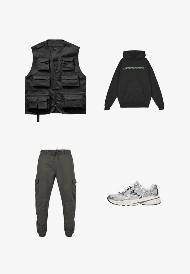 Sort vest lavet af letvægtsstof, med seks frontlommer, en lynlås foran og en knaplukning på venstre skulder.; Pegador ALDEN OVERSIZED HOODIE - Hættetrøje - washed black; Mørkegrå cargobukser med elastiske manchetter, forlommer, sidelommer med klap og snøre i taljen.; Let løbesko i gråt og sølvnet, med en polstret sål og sorte gummidetaljer. Har snørelukning og åndbare paneler.