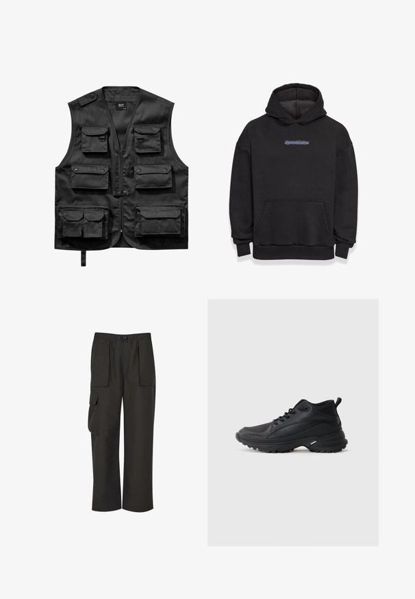 Sort vest lavet af letvægtsstof, med seks frontlommer, en lynlås foran og en knaplukning på venstre skulder.; Sort hætte sweatshirt lavet af en blanding af bomuldsstof. Har en frontlomme og et logo i blå og rød. Ribbekanter ved håndleddene og kanten.; Urban Classics TECHNICAL - Cargobukser - black; Sorte atletikskøjter lavet af syntetisk materiale. Har en polstret krave, rund tå, robust ydersål med godt greb og detaljer med mærkelogo.
