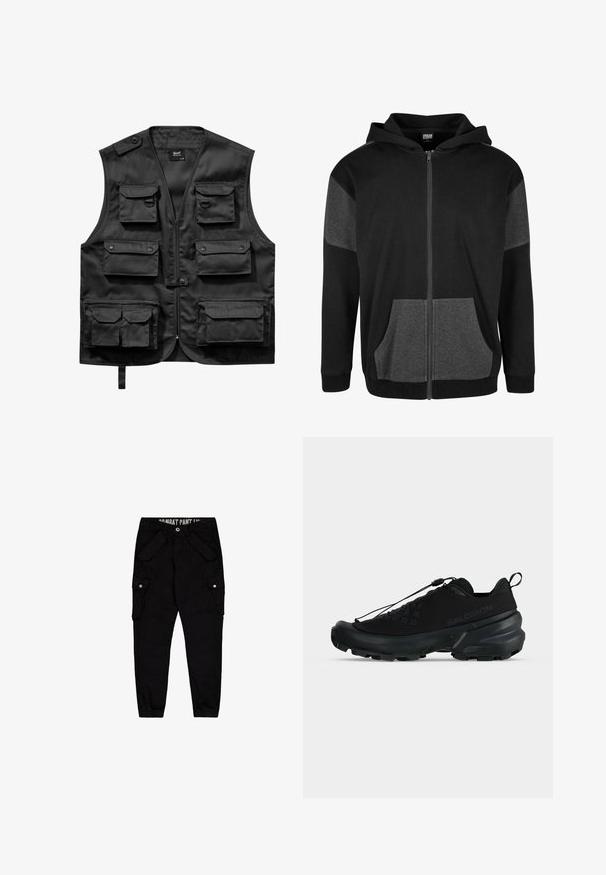 Zwarte vest van lichtgewicht stof, met zes voorzakken, een ritssluiting aan de voorkant en een knoopsluiting op de linkerschouder.; Zwarte zip-up hoodie met grijze accenten. Zacht materiaal, voorzakken en een capuchon met trekkoord. Eenvoudige, strakke lijnen en modern ontwerp.; Zwarte cargobroek van katoen, met meerdere zakken, een aansluitend ontwerp en elastische manchetten bij de enkels.; Zwarte lage Salomon sneaker met robuuste zool, snel trek vetersysteem en subtiel merkteken aan de zijkant.