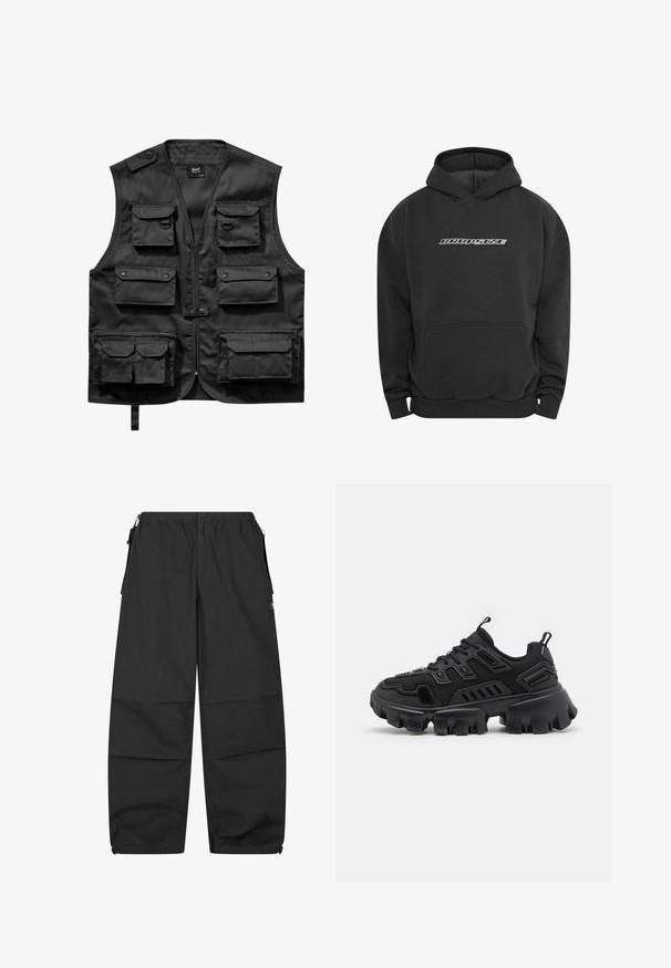 Zwarte vest van lichtgewicht stof, met zes voorzakken, een ritssluiting aan de voorkant en een knoopsluiting op de linkerschouder.; Dropsize MOBILE PHONE DESIGN - Hoodie - washedblack; Zwarte katoenen broeken met een elastische tailleband, twee zijzakken en een relaxte pasvorm. Heeft naden en een minimalistisch ontwerp.; Zwarte sportschoen met een gestructureerde rubberen zool, gelaagde designelementen en versterkte accenten. Heeft veters en een trekklep bij de hiel.