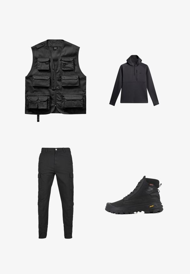 Schwarze Weste aus leichtem Stoff, ausgestattet mit sechs frontalen Taschen, einem Reißverschluss vorne und einem Knopfverschluss an der linken Schulter.; Schwarzer Pullover mit Kapuze, ausgestattet mit einem Viertel-Reißverschluss auf der Vorderseite, Raglanärmeln und einer mit Reißverschluss versehenen Brusttasche; glatte Textur und sportliches Design.; Schwarze Cargo-Hosen aus strapazierfähigem Stoff. Verfügt über mehrere Seitentaschen, einen Knopfverschluss und ein tailliertes Bein-Design. Flacher Frontschnitt, keine Muster.; Schwarze hohe Stiefel mit strukturierten Oberflächen, ausgestattet mit einem wasserdichten Design, Schnürsystem und einer ausgeprägten Gummisohle mit Vibram-Branding.