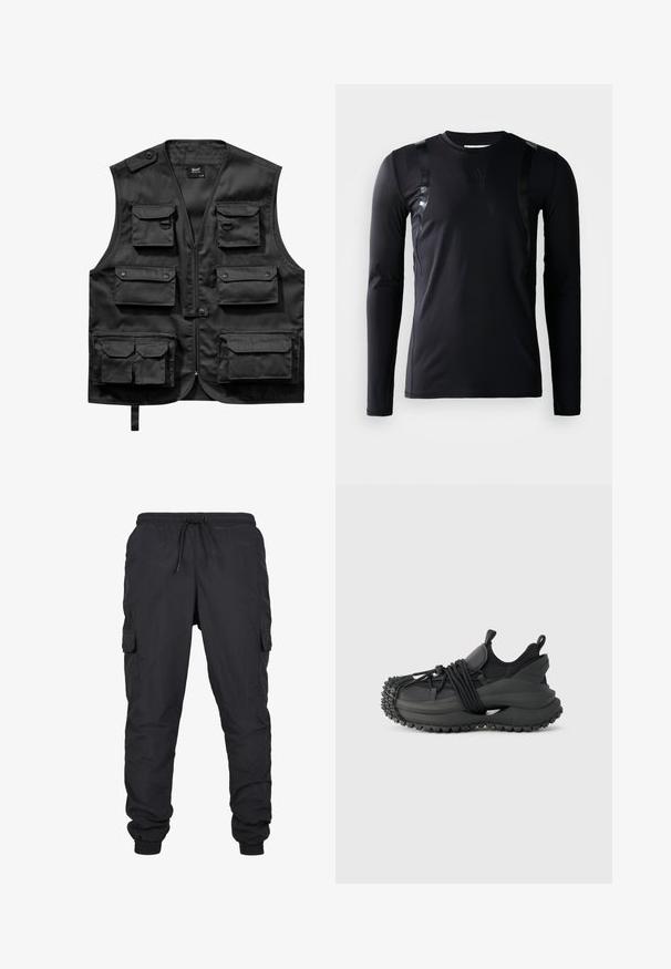 Gilet noir en tissu léger, doté de six poches frontales, d'une fermeture éclair à l'avant et d'une fermeture à bouton sur l'épaule gauche.; T-shirt de sport à manches longues noir en tissu lisse et extensible. Présente des accents noirs brillants sur les épaules et un logo Adidas sur la poitrine.; Pantalons cargo noirs avec une taille élastique et un cordon de serrage, comprenant des poches latérales et des ourlets à manches. Fabriqués dans un tissu léger et durable.; Emporio Armani Baskets basses - black