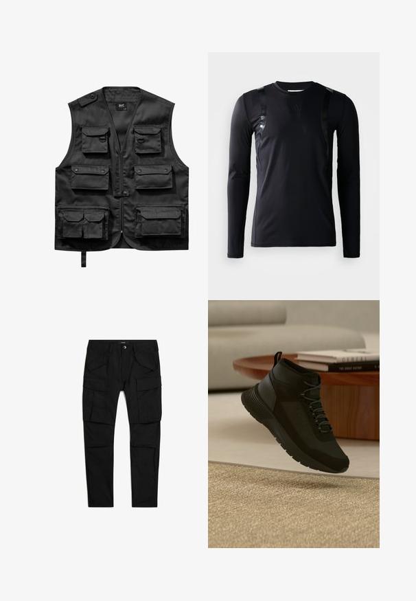 Zwarte vest van lichtgewicht stof, met zes voorzakken, een ritssluiting aan de voorkant en een knoopsluiting op de linkerschouder.; Zwarte lange-mouwen sportshirt gemaakt van glad, rekbaar materiaal. Kenmerkt zich door glanzende zwarte accenten op de schouders en een Adidas-logo op de borst.; Zwarte cargobroek met meerdere klepzakken aan de voorkant en zijkanten, knoopsluiting en riemlussen, plat gelegd op een witte achtergrond.; Zwarte high-top sneaker met veters zwevend boven een beige tapijt, houten ronde tafel met gestapelde boeken in een lichte moderne woonkamer.