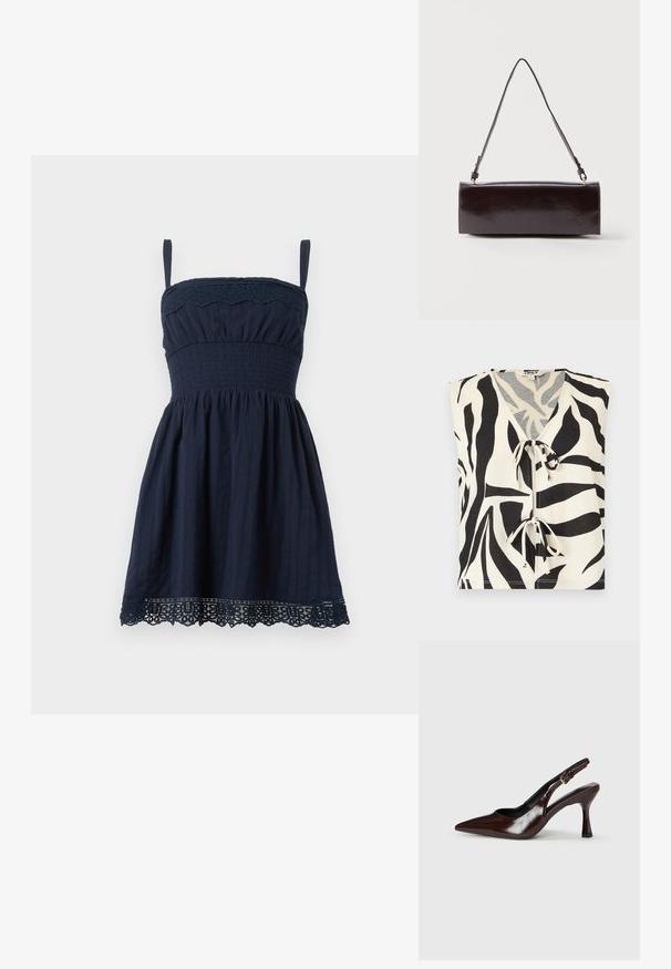 Top sem mangas com estampa de zebra preto e branco, decote em V e dois fechos de atar na frente.; Vestido azul-marinho sem mangas com alças finas, corpete franzido, cintura franzida e acabamento em renda no topo e na bainha.; Salto slingback em couro patente castanho com biqueira apontada, um salto fino e uma faixa ajustável com uma pequena fivela.; Bolsa de mão retangular em couro preto com uma única alça longa e acabamento brilhante, exibida contra um fundo branco simples.