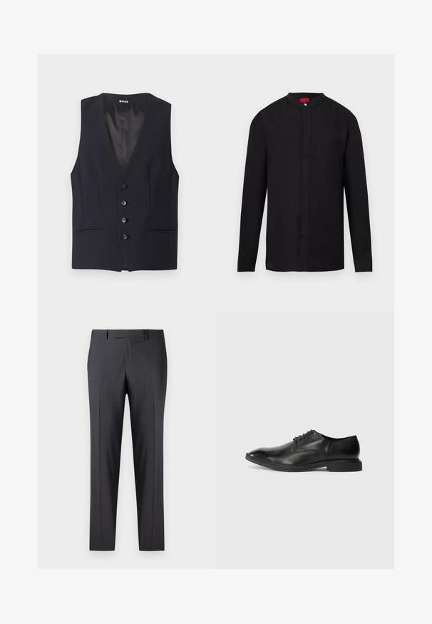 Čierny tailored vest s hlbokým V-výstrihom, s piatimi gombíkmi a dvoma bočnými vreckami. Hladká tkanina s elegantným, minimalistickým dizajnom.; Čierna košeľa s dlhými rukávmi, mandarínskym golierom a skrytým zapínaním na gombíky, zobrazená na bielom pozadí.; Prispôsobené tmavosivé nohavice vyrobené z hladkej textúrovanej látky; majú rovný predok a priame nohavice; minimalistický dizajn bez viditeľných akcentov.; Čierne kožené šaty s hladkou textúrou, špicatou špičkou, šesť očkami na šnurovanie a nízkym obdĺžnikovým podpätkom. Diskrétny branding na boku.