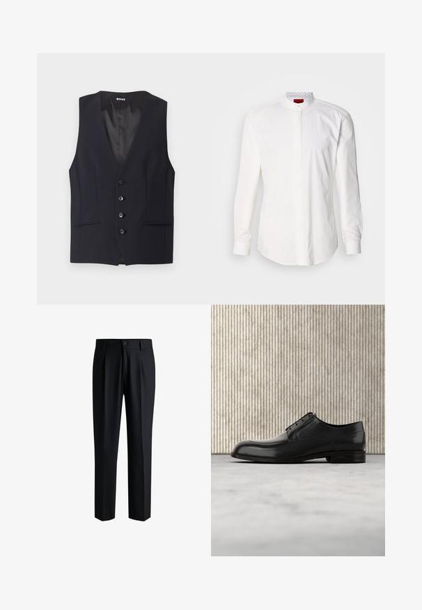 Čierny tailored vest s hlbokým V-výstrihom, s piatimi gombíkmi a dvoma bočnými vreckami. Hladká tkanina s elegantným, minimalistickým dizajnom.; Biela košeľa s dlhým rukávom a vysokým golierom, vyrobená z bavlny. Má prednú légu, minimalistický dizajn a nenápadné logo na vnútornom golieri.; Čierne nohavice vyrobené z hladkej tkaniny, s rovnými nohavicami, záhybmi vpredu a zapínaním na gombík s pútkami na opasok.; Čierne kožené šaty topánky s okrúhlou špičkou, hladkým povrchom, minimálnymi švami a plochou podrážkou so subtilným brandingom na päte.