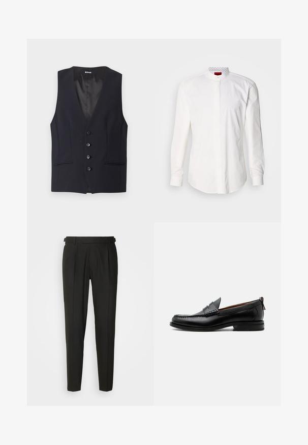 Chaleco negro a medida con un escote en V pronunciado, cierre de cinco botones y dos bolsillos laterales. Tejido suave con un diseño elegante y minimalista.; Camisa blanca de manga larga con cuello alto, confeccionada en algodón. Presenta una tapeta frontal, diseño minimalista y una sutil marca en el interior del cuello.; Pantalones negros ajustados con frontales lisos, dos pliegues, trabillas para cinturón y diseño de pierna recta. Fabricados con una tela suave y ligera.; Mocasín de hombre de piel negra con costura moc toe, tira penny, cuello texturizado y tacón bajo apilado sobre fondo blanco.