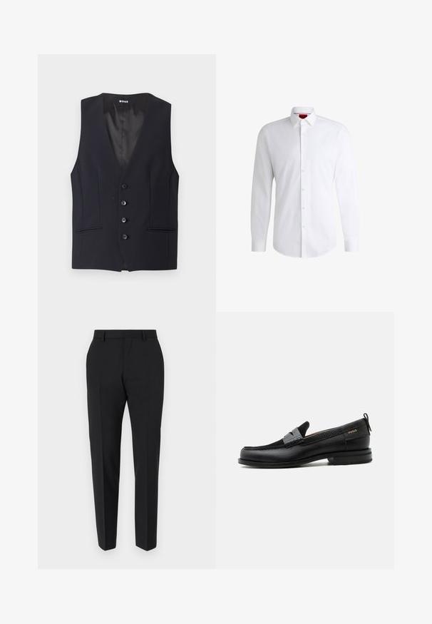 Chaleco negro a medida con un escote en V pronunciado, cierre de cinco botones y dos bolsillos laterales. Tejido suave con un diseño elegante y minimalista.; Camisa blanca de botones, confeccionada en tela suave, con collar clásico, mangas largas y dobladillo curvado. Presenta botones beige en la parte delantera.; Pantalones negros con un diseño a medida, con frente plano, detalles de pliegue y un corte ajustado. Fabricados con una tela suave para un aspecto refinado.; Mocasín de cuero negro con detalle de tira gris, tacón bajo y suela texturizada, con la marca "HUGO" en oro en el lateral.