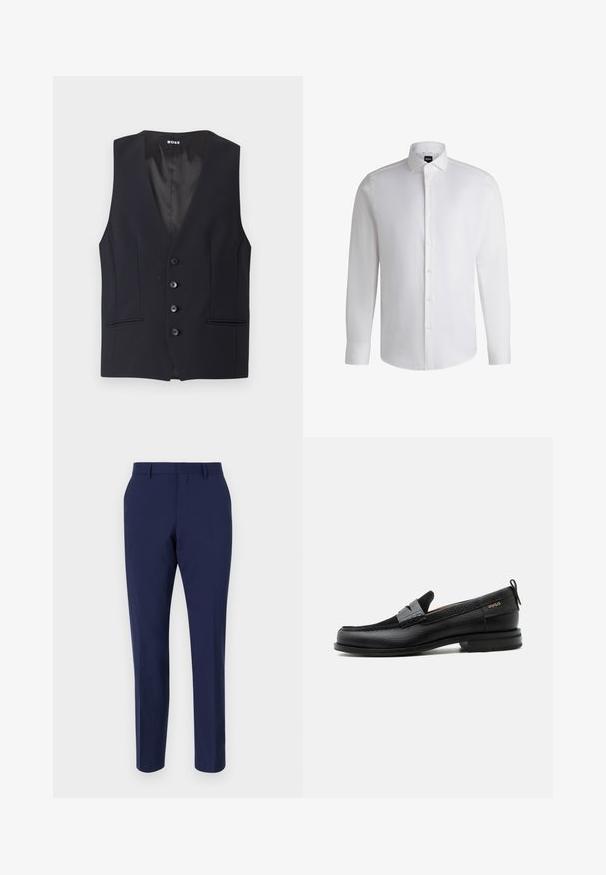 Čierny tailored vest s hlbokým V-výstrihom, s piatimi gombíkmi a dvoma bočnými vreckami. Hladká tkanina s elegantným, minimalistickým dizajnom.; Biela košeľa s dlhým rukávom vyrobená z hladkého bavlneného materiálu, s klasickým golierom, plným gombíkovým zapínaním a gombíkovými manžetami. Minimalistický dizajn.; Námornícky modré nohavice s presným strihom vyrobené z hladkej tkaniny, so slim fit, plochým predným dielom a štandardným pásom s pútkami na opasok.; Čierny kožený mokasín so sivým remienkom, nízkym podpätkom a textúrovanou podrážkou, so značkou "HUGO" v zlatej farbe na boku.