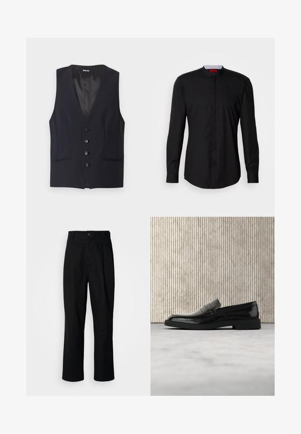 Čierny tailored vest s hlbokým V-výstrihom, s piatimi gombíkmi a dvoma bočnými vreckami. Hladká tkanina s elegantným, minimalistickým dizajnom.; Čierna košeľa s dlhými rukávmi a mandarínskym golierom, vyrobená z hladkej látky, s gombíkovým zapínaním vpredu a jemnými dizajnovými detailmi.; Čierne nohavice s rovnými nohavicami, s gombíkovým pásom, pútkami na opasok a predným záhybom, vystavené na jednoduchej bielej pozadí.; Čierna lesklá kožená mokasína vznášajúca sa nad béžovým koberecom s oranžovým priehľadným nábytkom v pozadí.