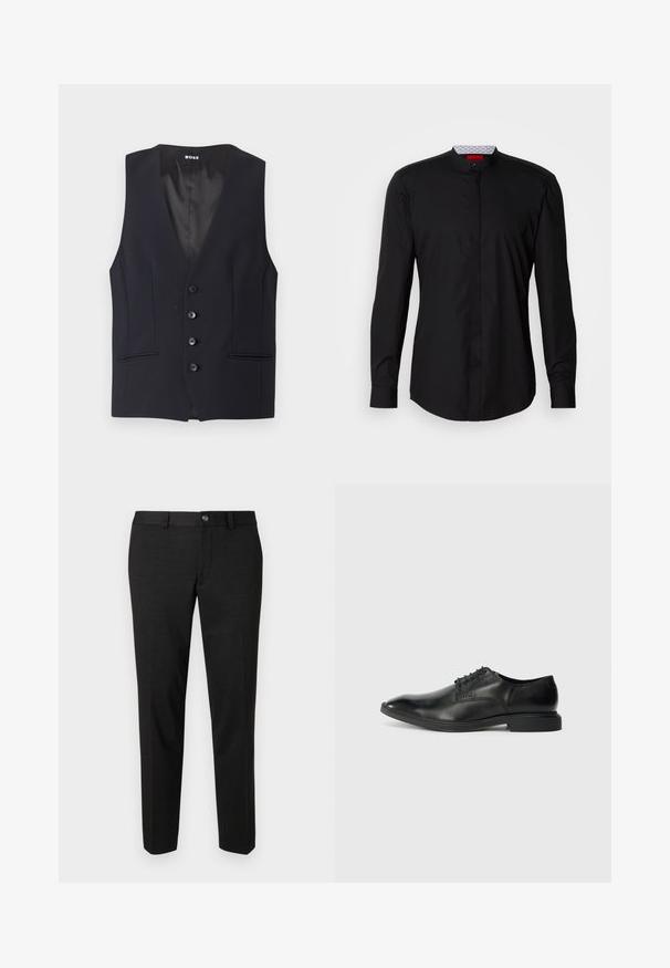 Zwarte op maat gemaakte vest met een diepe V-hals, vijf knoopsluitingen en twee zijzakken. Glad materiaal met een strakke, minimalistische uitstraling.; Zwart shirt met lange mouwen en een mandarijnkraag, gemaakt van een gladde stof, met een knoopsluiting aan de voorkant en subtiele designdetails.; Zwarte broeken gemaakt van een gladde stof. Ze hebben een rechte snit, een vlakke voorkant en een knoopsluiting met een eenvoudig taillebandontwerp.; Zwarte leren dress shoe met een gladde textuur, spitse neus, zes veterogen vetersluiting en een lage rechthoekige hak. Subtiele merkopdruk aan de zijkant.