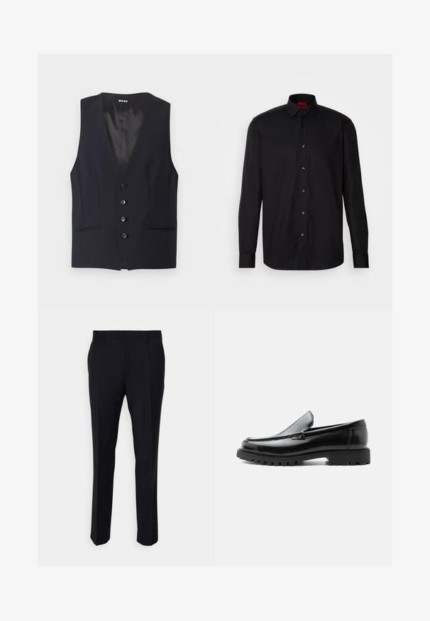 Zwarte op maat gemaakte vest met een diepe V-hals, vijf knoopsluitingen en twee zijzakken. Glad materiaal met een strakke, minimalistische uitstraling.; Zwarte longsleeve shirt van gladde stof, met een klassieke kraag, knoopsluiting aan de voorkant en een getailleerde pasvorm.; Zwarte broeken gemaakt van geweven stof, met een getailleerde pasvorm, een vlakke voorkant, zijzakken en een rechte pijpdesign.; Zwarte leren loafer met dikke rubberen zool, gestikte bovenkant en gegraveerde merknaam op de hiel, zijaanzicht op witte achtergrond.