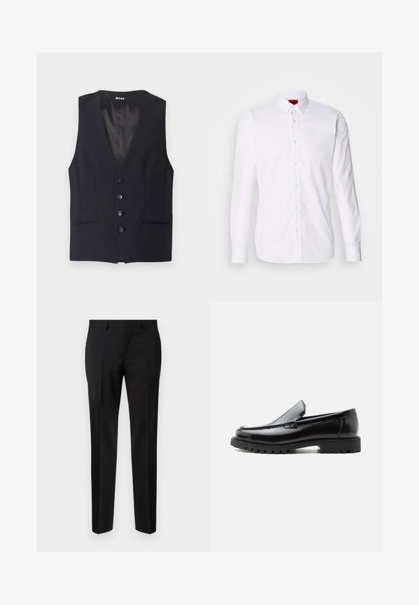Zwarte op maat gemaakte vest met een diepe V-hals, vijf knoopsluitingen en twee zijzakken. Glad materiaal met een strakke, minimalistische uitstraling.; Witte lange mouwen overhemd met knopen, een klassieke kraag, een voorpand met knopen en een gladde katoenen textuur.; Zwarte op maat gemaakte broeken van een gladde stof, met een rechte pijp, verfijnde plooidetails en een klassieke tailleband met riemlussen.; Zwarte leren loafer met dikke rubberen zool, gestikte bovenkant en gegraveerde merknaam op de hiel, zijaanzicht op witte achtergrond.