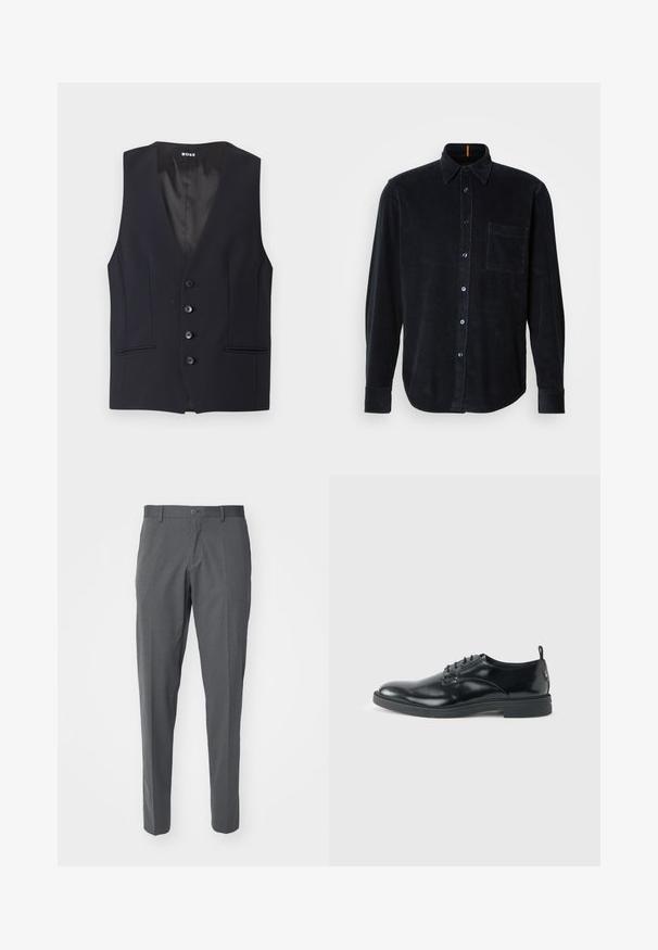 Čierny tailored vest s hlbokým V-výstrihom, s piatimi gombíkmi a dvoma bočnými vreckami. Hladká tkanina s elegantným, minimalistickým dizajnom.; Dlhý rukáv tmavomodrý kordový prehoz s gombíkovým zapínaním, jednou náprsné kapsou a modrými gombíkmi. Mäkká textúra s ribovaným vzorom.; Sivé nohavice vyrobené z hladkej tkaniny, s gombíkovým zapínaním, prednými vreckami a štíhlym strihom.; Lesklá čierna kožená spoločenská topánka s nízkym opätkom, šnurovaním a okrúhlou špičkou, zobrazená z boku na svetlom jednofarebnom pozadí.