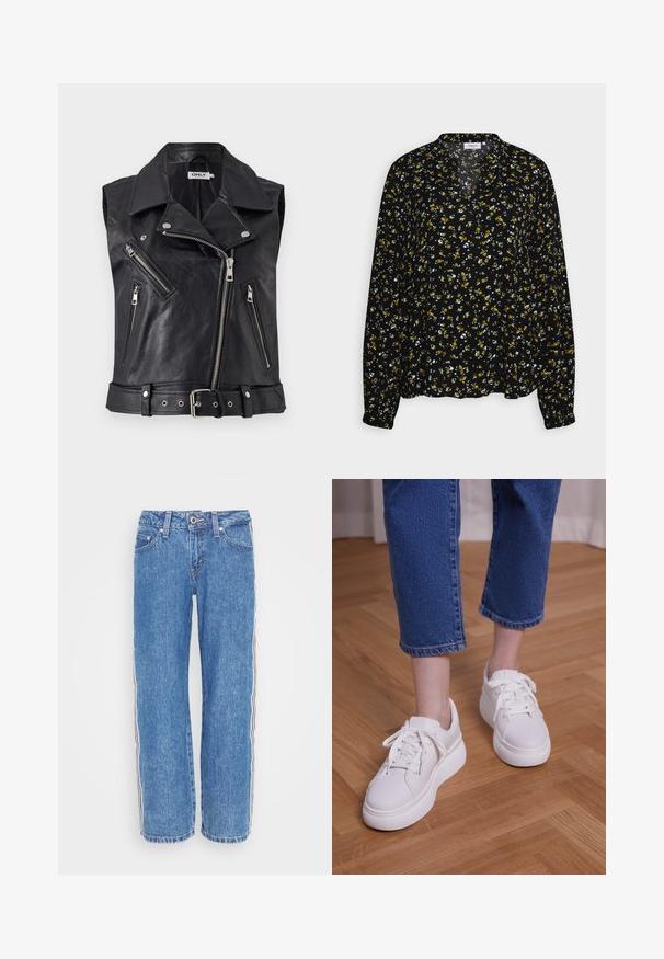 Chaleco de motociclista sin mangas de cuero negro con cuello, múltiples bolsillos con cremallera y cintura con cinturón. Superficie texturizada y acentos de hardware metálico.; MSCH Copenhagen BELLARIS JALINA - Camiseta de manga larga - black; Jeans de denim azul con un corte recto, que presentan rayas verticales en blanco y negro en los laterales y un cierre de botón en la cintura.; Piernas con vaqueros azules recortados y zapatillas blancas con cordones y plataforma, de pie sobre un suelo de madera clara.