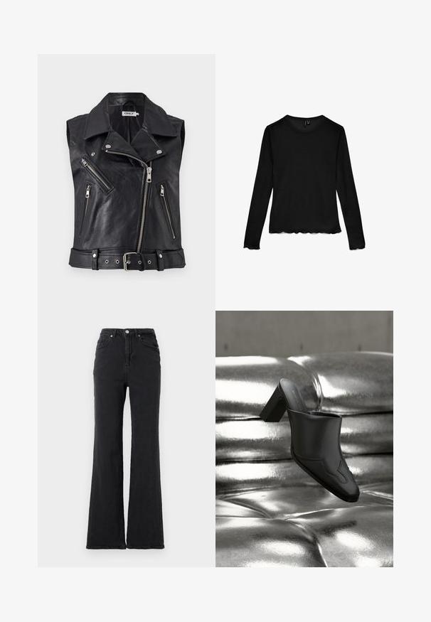 Zwarte leren mouwloze biker vest met een kraag, meerdere ritszakken en een ceintuur in de taille. Textuuroppervlak en metalen hardware accenten.; Zwart shirt met lange mouwen en ronde hals, met geschulpte randen aan de mouwen en zoom, plat gelegd op een witte achtergrond.; Zwarte high-waisted denimjeans met een uitlopende pijp, een knoop aan de voorkant en een vijf-pocket ontwerp tegen een effen witte achtergrond.; Zwarte leren mule met blokhak, rustend op een glanzend zilveren gestoffeerde oppervlakte, die het strakke ontwerp en de afgeronde details benadrukt.