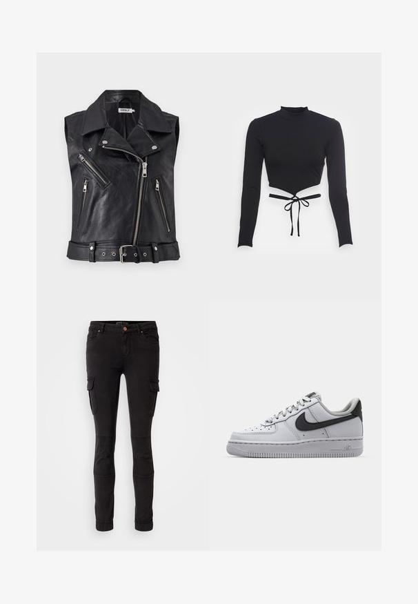 Zwarte leren mouwloze biker vest met een kraag, meerdere ritszakken en een ceintuur in de taille. Textuuroppervlak en metalen hardware accenten.; Even&Odd Longsleeve - black; Zwarte cargo pantalons van stevige stof, met zijzakken, taps toelopende pijpen, knieschotten en elastische boorden bij de enkels.; Witte leren sneaker met grijze accenten, ronde neus, textuur op het oppervlak, gewatteerde kraag en contrasterend zwart swoosh-logo. Luchtkussen zool.