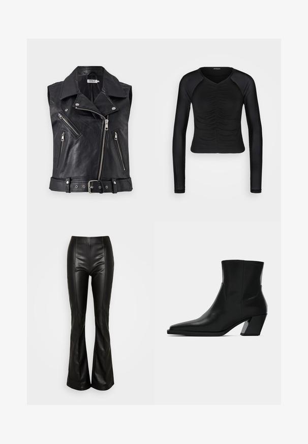 Mustras nahkaga nahkvest ilma varrukateta, millel on krae, mitu tõmblukuga taskut ja vööd. Tekstuuriga pind ja metallist detailid.; Even&Odd Pikkade varrukatega topp - black; ONLY ONLIDINA FLARE PANT - Püksid - black; Must must jalatsid mustast nahast, terava ninaga, stiilne siluett ja jäme ruudukujuline konts. Sile tekstuur, millel on minimaalsed õmblemise detailid.