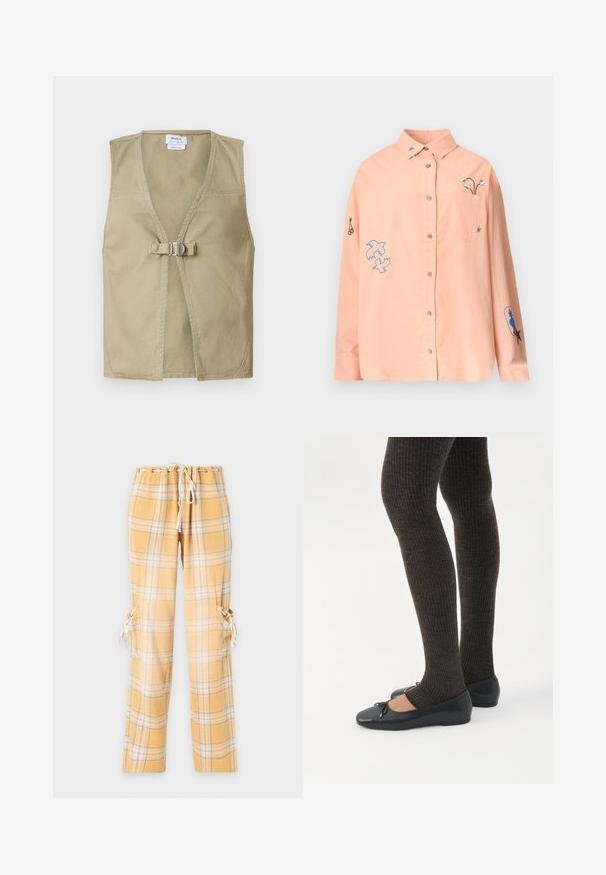 Beige ærmeløs vest lavet af holdbart stof, med en dyb V-hals, frontlukning med spænde og et rent, minimalisk design.; Lyse ferskenfarvet langærmet skjorte med knapper, krave, forlomme og broderede motiver, herunder fugle, blomster og stjerner på ærmer og bryst.; Gule og hvide ternede bukser med snørelukning, knaplukning på sidelommer og afslappet, lige ben på ensfarvet baggrund.; Ben iført mørke ribbede leggings kombineret med sorte balletsko med små sløjfedetaljer på hvid baggrund.