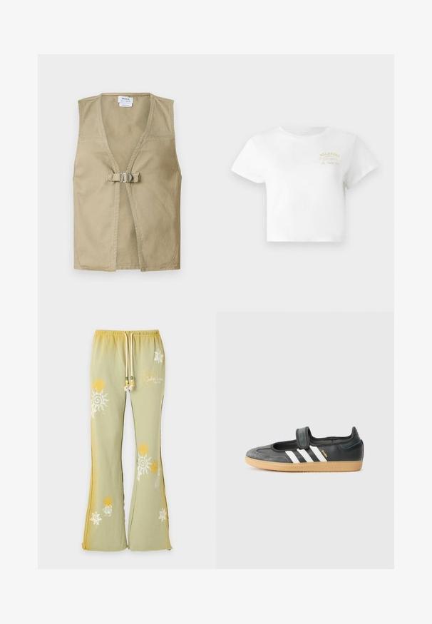 Beige ærmeløs vest lavet af holdbart stof, med en dyb V-hals, frontlukning med spænde og et rent, minimalisk design.; Hvid cropped t-shirt lavet af bomuld, med et enkelt gult grafisk design med "BILLABONG" og "SINCE 1973" broderet på forsiden.; Lysegrønne vide joggingbukser med gule og hvide solmønstre og en snøre i taljen med perler.; Sort læder- og ruskinds sneakers med en Velcro-rem, der har tre hvide striber og en gummisål, mærket "SAMBA" på siden.