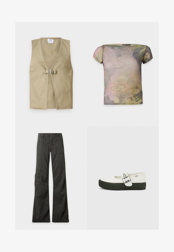 Beige ærmeløs vest lavet af holdbart stof, med en dyb V-hals, frontlukning med spænde og et rent, minimalisk design.; Kortærmet, off-shoulder top med et pastelfarvet, abstrakt sky-mønster i nuancer af pink, grå og gul på et gennemsigtigt stof.; Mørkegrå vidde bukser med front- og sidelommer med klap, bæltestropper og en knaplukning i taljen på en ensfarvet baggrund.; Hvid Vans Mary Jane-sko med tyk sort ribbet sål og stor sølvspænde på en ensfarvet grå baggrund.