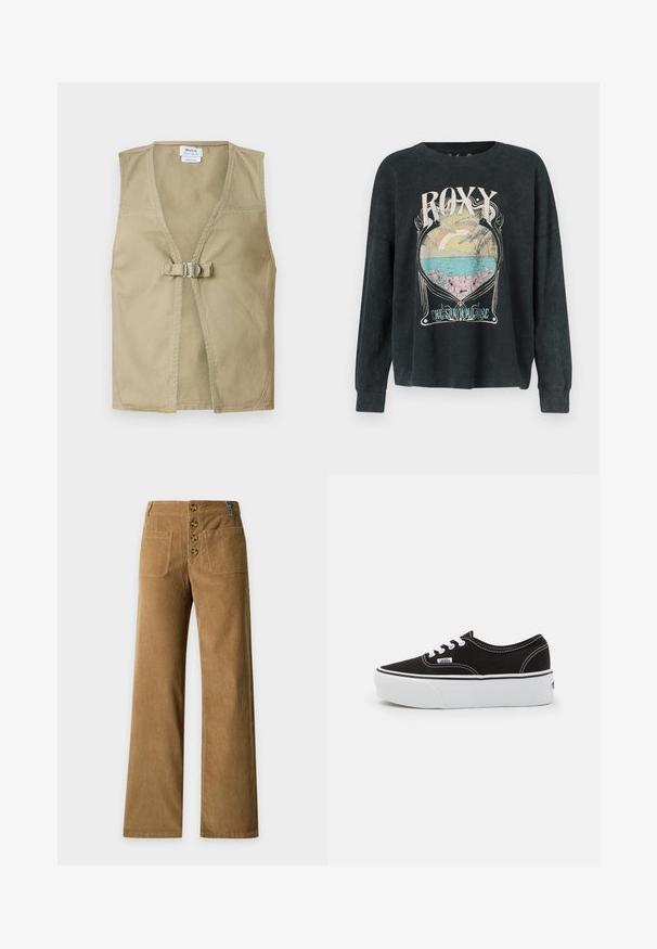 Beige ærmeløs vest lavet af holdbart stof, med en dyb V-hals, frontlukning med spænde og et rent, minimalisk design.; Sort langærmet sweatshirt med ribbet tekstur, der har en farverig grafik af en solnedgang og strandmotiv med teksten "ROXY."; Brune fløjlsbukser med højtaljet bred ben, fire knapper foran og to firkantede laplommer på hofterne.; Sort lærred sneakers med en hvid gummi platform sål, der har hvide snørebånd og syninger, ikonisk branding på siden, lav-top design.