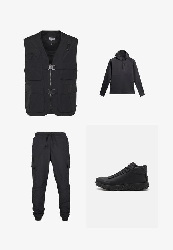 Chaleco de utilidad negro hecho de tela ligera, con múltiples bolsillos frontales, cierre con cremallera y un interior de malla para ventilación.; Sudadera negra con capucha, con cierre de un cuarto en la parte delantera, mangas raglán y bolsillo de pecho con cremallera; textura suave y diseño atlético.; Pantalones cargo negros con cintura elástica y cordón, con bolsillos laterales y dobladillos ajustados. Hechos de un tejido ligero y duradero.; Zapatillas altas negras hechas de cuero texturizado, con suela de goma gruesa con patrones de tracción y diseño de cordones. Acabado en rojo en la lengüeta.