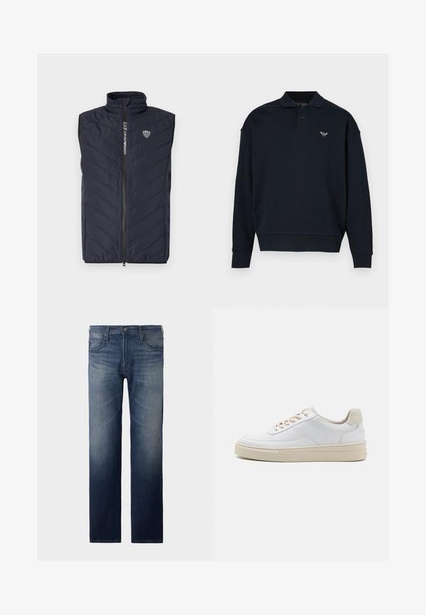 Mørkeblå ærmeløs puffer vest med lodret quiltet mønster, høj krave, fuldlængde lynlås og logo på brystet.; Marineblå sweatshirt med krave, lange ærmer, ribstrikkede manchetter og et lille logo på venstre bryst. Blød stoftekstur.; Straight-leg jeans i mørkeblåt vask. Har fem lommer, lynlås og knaplukning. Let slidte tekstur ved låret. Denim stof.; Hvide sneakers med en glat læderoverdel, beige snørebånd og en tekstureret beige ruskindsheel-tab. Hævet sål for ekstra højde.