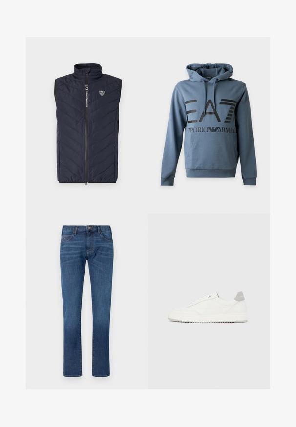 Mørkeblå ærmeløs puffer vest med lodret quiltet mønster, høj krave, fuldlængde lynlås og logo på brystet.; Skiferblå hættetrøje med frontlomme og sort "EA7 Emporio Armani" logo trykt på brystet.; Blå denimjeans med lige ben, der har et klassisk design med fem lommer og knaplukning. Diskret falming over stofteksturområdet.; Hvid lavtop-sneaker med gråt hælflig, hvide snørebånd og tekstureret sål, vist på en ensfarvet lys baggrund.