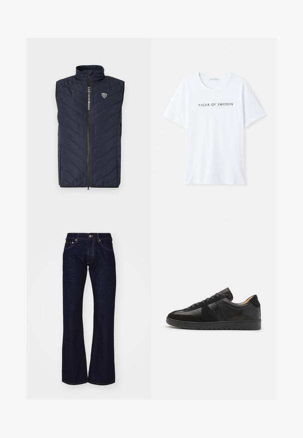 Marineblaue ärmellose Steppweste mit vertikalem Steppmuster, hohem Kragen, durchgehendem Reißverschluss und Logo auf der Brust.; Weißes T-Shirt mit rundem Halsausschnitt und kurzen Ärmeln. Schwarzer Text mit der Aufschrift "TIGER OF SWEDEN" zentral auf der Vorderseite. Glatte Stofftextur.; Dunkelblaue Denim-Jeans mit Schlag und hohem Bund, mit kontrastierenden gelben Nähten und Metallbeschlägen an Bund und Taschen.; Tiger of Sweden BELLICU - Sneaker low - black