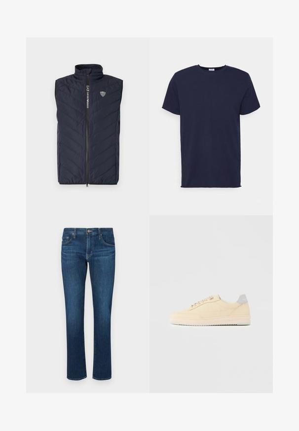 Marineblaue ärmellose Steppweste mit vertikalem Steppmuster, hohem Kragen, durchgehendem Reißverschluss und Logo auf der Brust.; Marineblaues T-Shirt mit kurzen Ärmeln aus weichem Stoff. Es hat einen Rundhalsausschnitt und einen geraden Schnitt ohne Muster oder Akzente.; Dunkelblaue Jeans aus Denim mit geradem Bein, klassischem Fünf-Taschen-Stil und einem Knopfverschluss am Bund. Glatte Textur.; Beiger Sneaker in niedrigem Design mit Schnürverschluss vorne, hellrosa Sohle und grauem Fersenlasche mit der Marke "Filling Pieces", seitlich auf neutralem Hintergrund gezeigt.