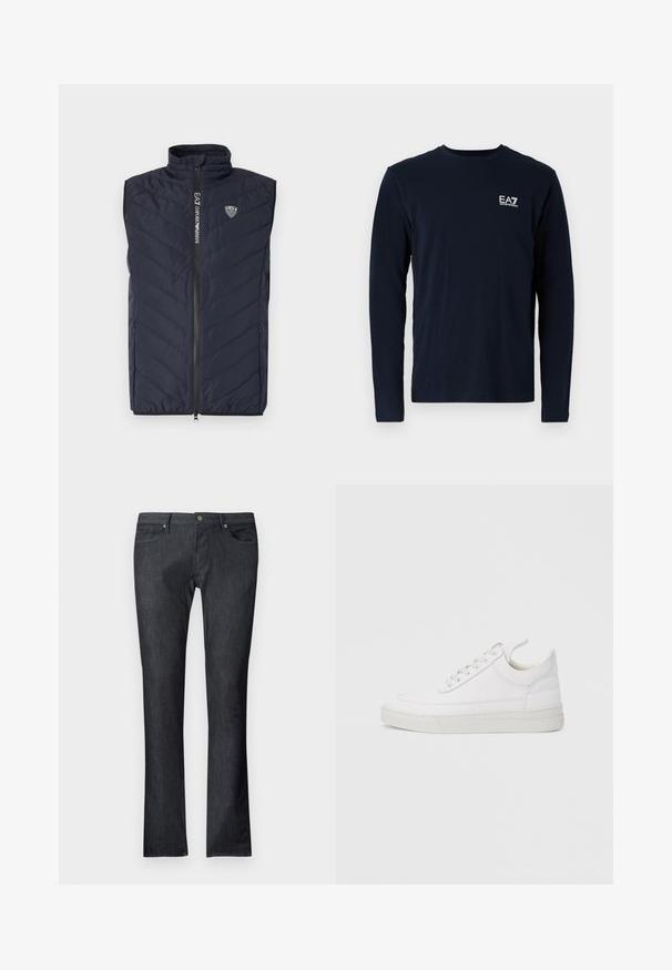 Mørkeblå ærmeløs puffer vest med lodret quiltet mønster, høj krave, fuldlængde lynlås og logo på brystet.; Navy langærmet t-shirt lavet af bomuld, med rund hals og et lille hvidt EA7-logo på venstre bryst. Glat tekstur.; Mørkeblå denimjeans med et lige ben snit, der har lommer foran og bagpå, en lukning med metalknap og subtile syningsdetaljer.; Hvid lædersneaker med rundet tå, flad sål og snørebånd foran. Har syningsdetaljer og polstret krave for komfort.