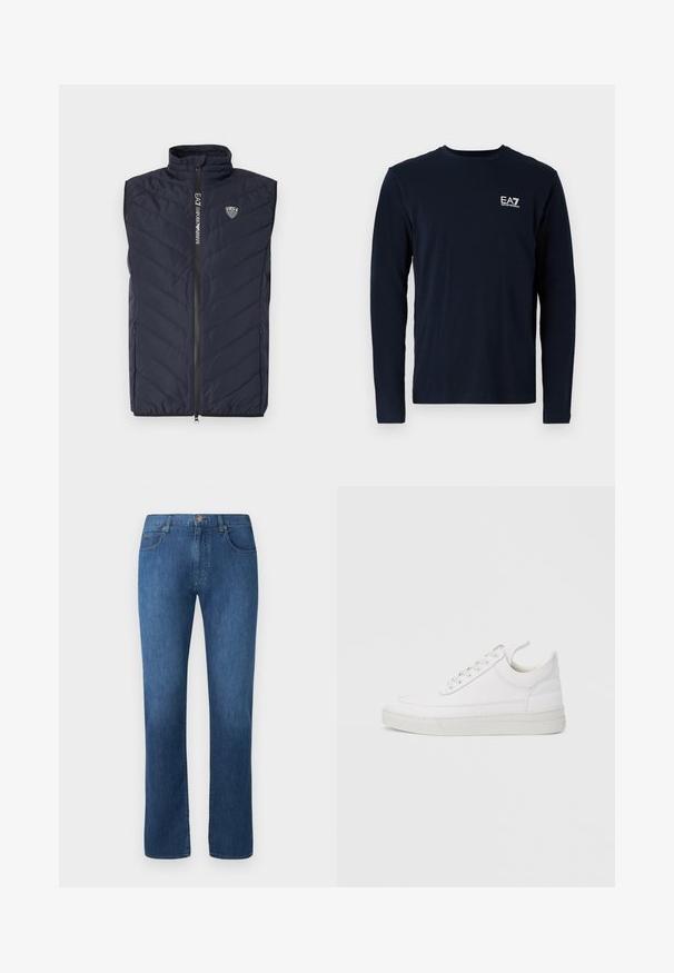 Mørkeblå ærmeløs puffer vest med lodret quiltet mønster, høj krave, fuldlængde lynlås og logo på brystet.; Navy langærmet t-shirt lavet af bomuld, med rund hals og et lille hvidt EA7-logo på venstre bryst. Glat tekstur.; Mørkeblå denimjeans med lige ben-design, fem lommer og lukning med frontknap. Glat tekstur og klassiske syninger.; Hvid lædersneaker med rundet tå, flad sål og snørebånd foran. Har syningsdetaljer og polstret krave for komfort.