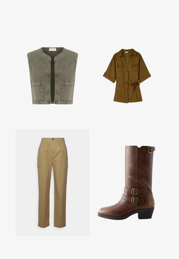 Cream CRMELANIE - Vest - heavy washed green; Kort ærmet olivengrøn jakke med bælte, krave, to brystlommer og opkørte ærmekanter med knapstropdetalje.; Anna Field Tall by Zalando Cargobukser - beige; Mellem-lang støvle i brunt læder med to justerbare remme og messing spænder, sort stablet hæl og rundet tå.