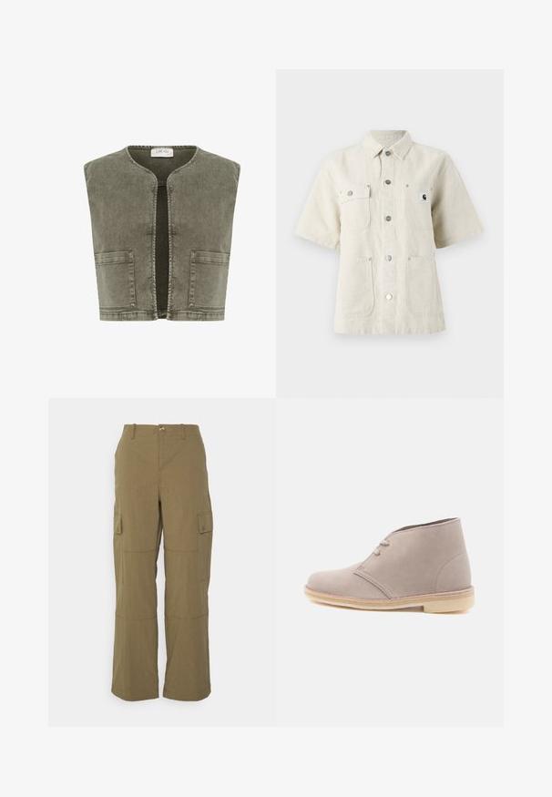 Cream CRMELANIE - Vest - heavy washed green; Lühikeste varrukatega särk heleda beeži kangaga, millel on terav kaelus, esipaneeli nupud, kaks rinna taskut ja väike logo silt vasakul.; Vero Moda Tall VMRILEY PANT - Kargopüksid - dark green; Hele beež värvi seemisnahast kõrbesaabas kahe silmaga ja krobelise tallaga, näidatud külgvaates tavalise valge tausta peal.