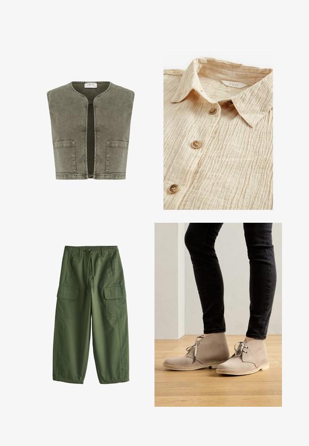 Cream CRMELANIE - Vesta - heavy washed green; Bežová košeľa na gombíky s textúrovanou, zvrásnenou látkou. Má golier a päť hnedých gombíkov na prednej strane. Značka je viditeľná vo vnútri.; Cargo nohavice olivovo zelenej farby so sťahovacou šnúrkou v páse, pútkami na opasok, bočnými vreckami a klopovými vreckami na stehnách, voľný strih s elastickými lemami.; Bežové zamšové členkové topánky s okrúhlou špičkou, viazaním a kontrastným šitím, nosené s čiernymi priliehavými nohavicami na drevenej podlahe.