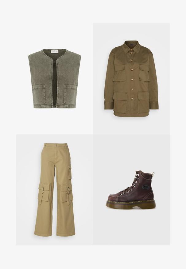 Cream CRMELANIE - Vest - heavy washed green; Gina Tricot CARGO SHIRT - Skjortebluser - khaki green; Khaki cargo bukser med et bred ben-design, flere sidelommer og en frontknaplukning. Fremstillet af holdbart bomuldsstof.; Brun læder ankelstøvle med tekstureret overflade, sølv øjer og gul syning. Har en kraftig gennemsigtig sål og en trækstrop.