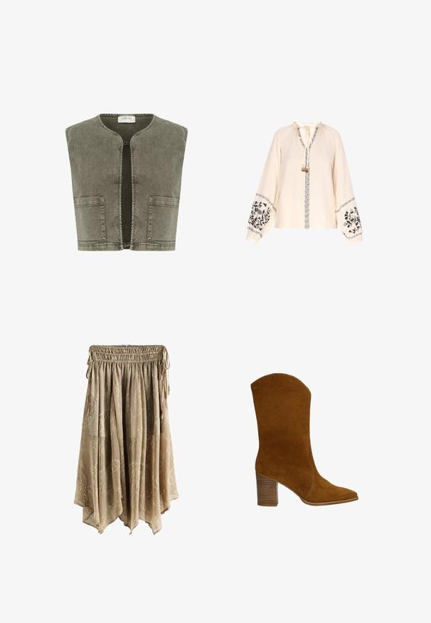 Cream CRMELANIE - Vest - heavy washed green; Kreemivärvi särgiga, millel on pikad, kogutud varrukad. Varustatakse musta lillelise tikandiga varrukatel ja paelknopiga, millel on tutid. Tekstuuriga kangas.; Helepruun kogutud seelik paisley lillemustriga, elastse vöökohaga ja seotud külgedel paeladega, millel on asümmeetriline serv.; Pruunist nubukist pahklu boot, millel on terav nina ja veidi kaardus ülaosa. Sellel on kihiline puidust konts ja nähtavad õmblustooted.