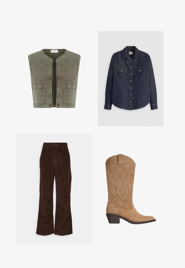Cream CRMELANIE - Vesta - heavy washed green; Tmavomodrá denimová košeľa s dlhými rukávmi, zapínanie na gombíky vpredu, dve náprsné vrecká so klopami a kontrastným žltým prešívaním.; Hollister Co. Nohavice - chicory; Kovbojská topánka z pieskového semišu s vyšívaným dekoratívnym šitím, stredne vysoký lepený opätok a pútko na štíte.