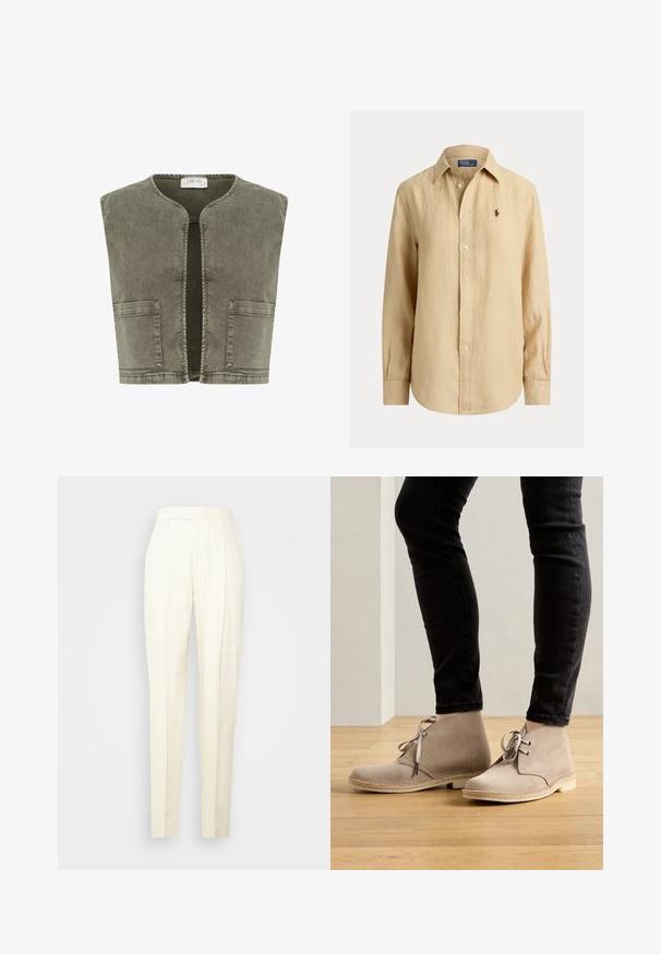 Cream CRMELANIE - Vest - heavy washed green; Beež pikkade varrukatega nööpidega särk kraega, vasakul rinnal väike tikitud logo ja esiküljel nähtavad nööbid.; Filippa K JULIE TROUSERS - Püksid - dusty beige; Bež suede pahklie saapad, ümarate varvastega, nööritud disainiga ja kontrastsete õmblustega, kantud mustade kitsaste pükstega puidust põrandal.